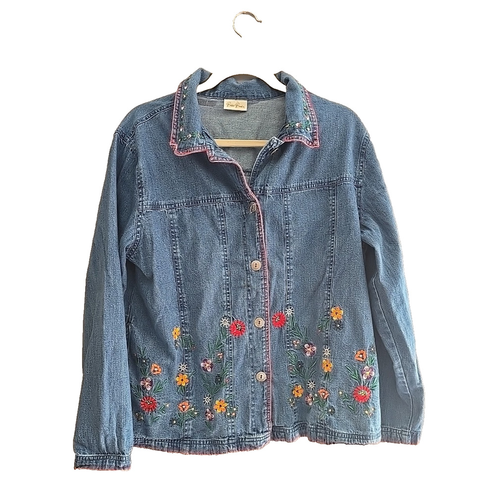 Bobbie Brooks Blue Denim Embroidered Floral Fairy Y2K Preppy Top Womans Large